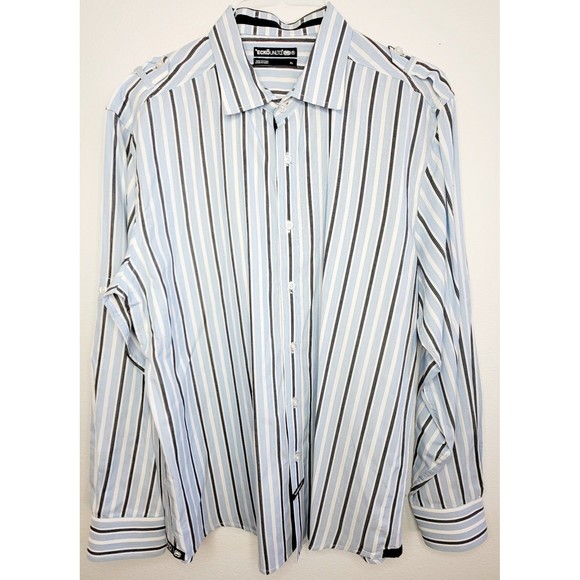 Ecko Unltd Men's Button Up Shirt Blue/White/Brown Striped XL 100% Cotton - Picture 1 of 3